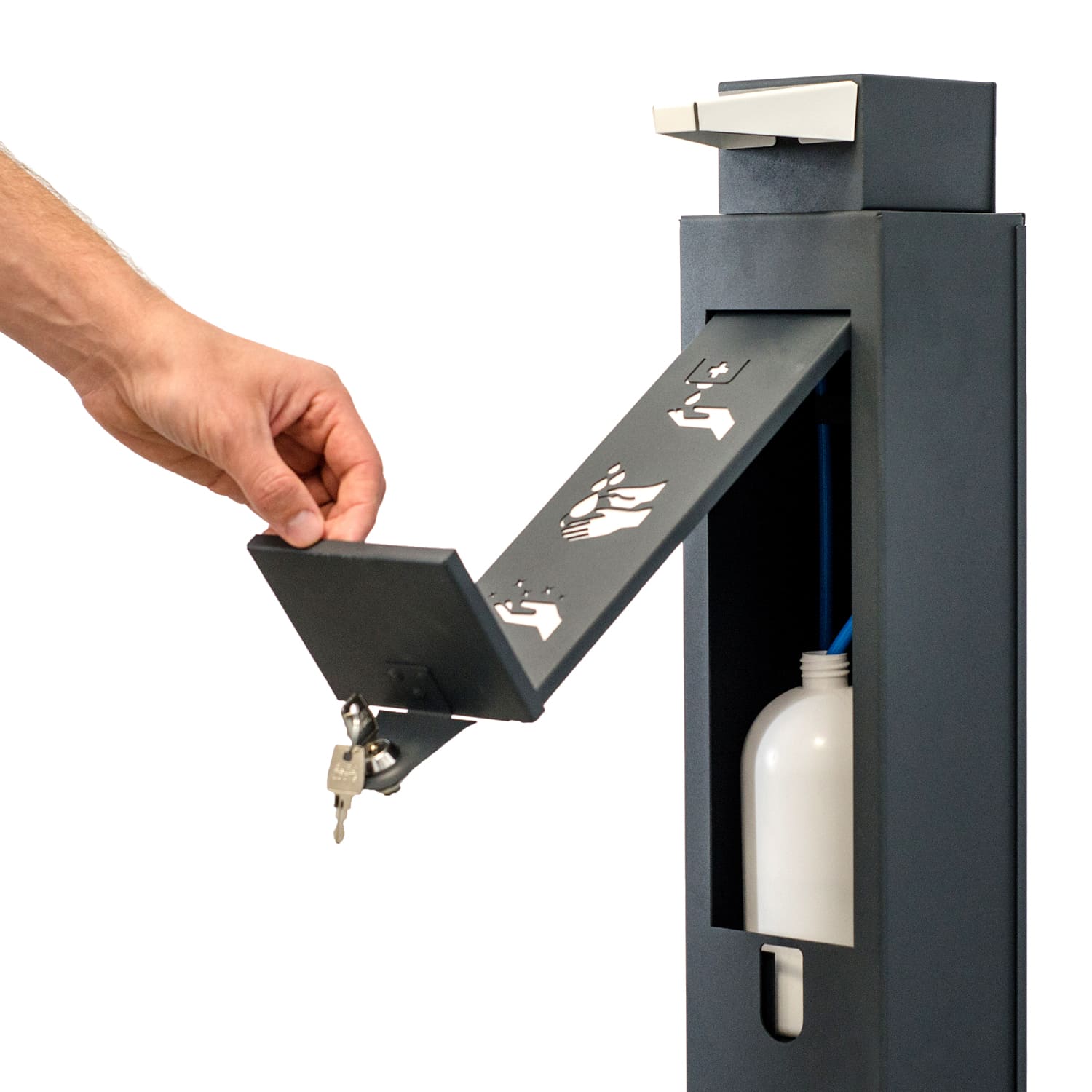 Desinfektionsständer Tower - Abschließbare Tür für das Desinfektionsmittel