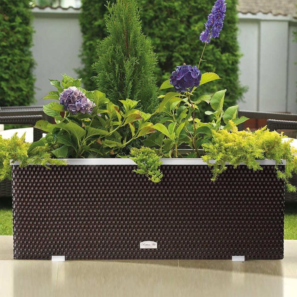 Bepflanztes Pflanzgefäß in moderner Rattan-Optik