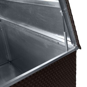 Aufbewahrungsbox – Gasdruckdämpfer-Detail Aufbewahrungsbox mit Gasdruckfedern, die den Deckel beim Öffnen und Schließen halten.