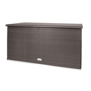 Braune Aufbewahrungsbox in Rattanoptik mit Gasdruckfedern.