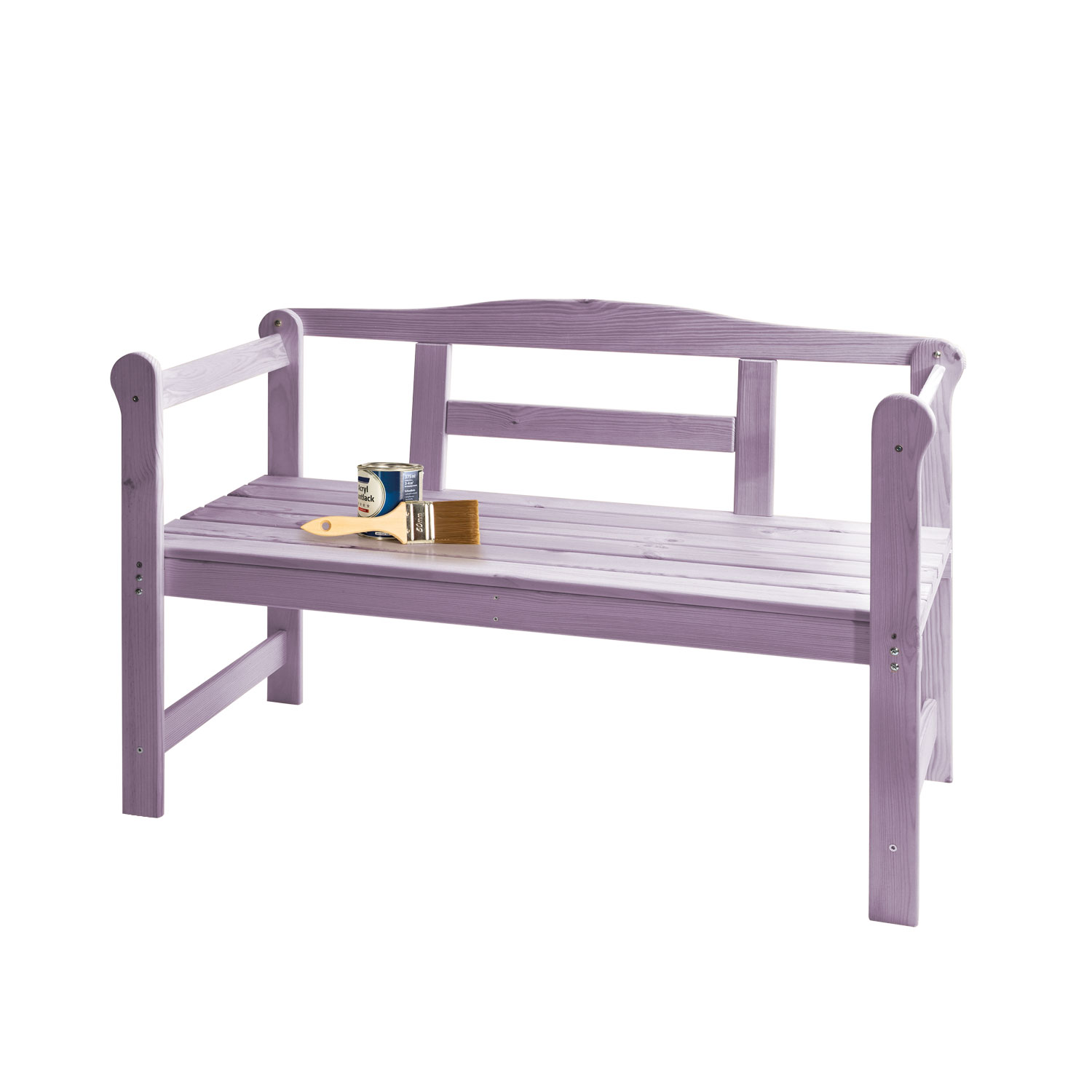 Naturbelassene Gartenbank aus massiver Kiefer – auf dem Foto farbig lackiert