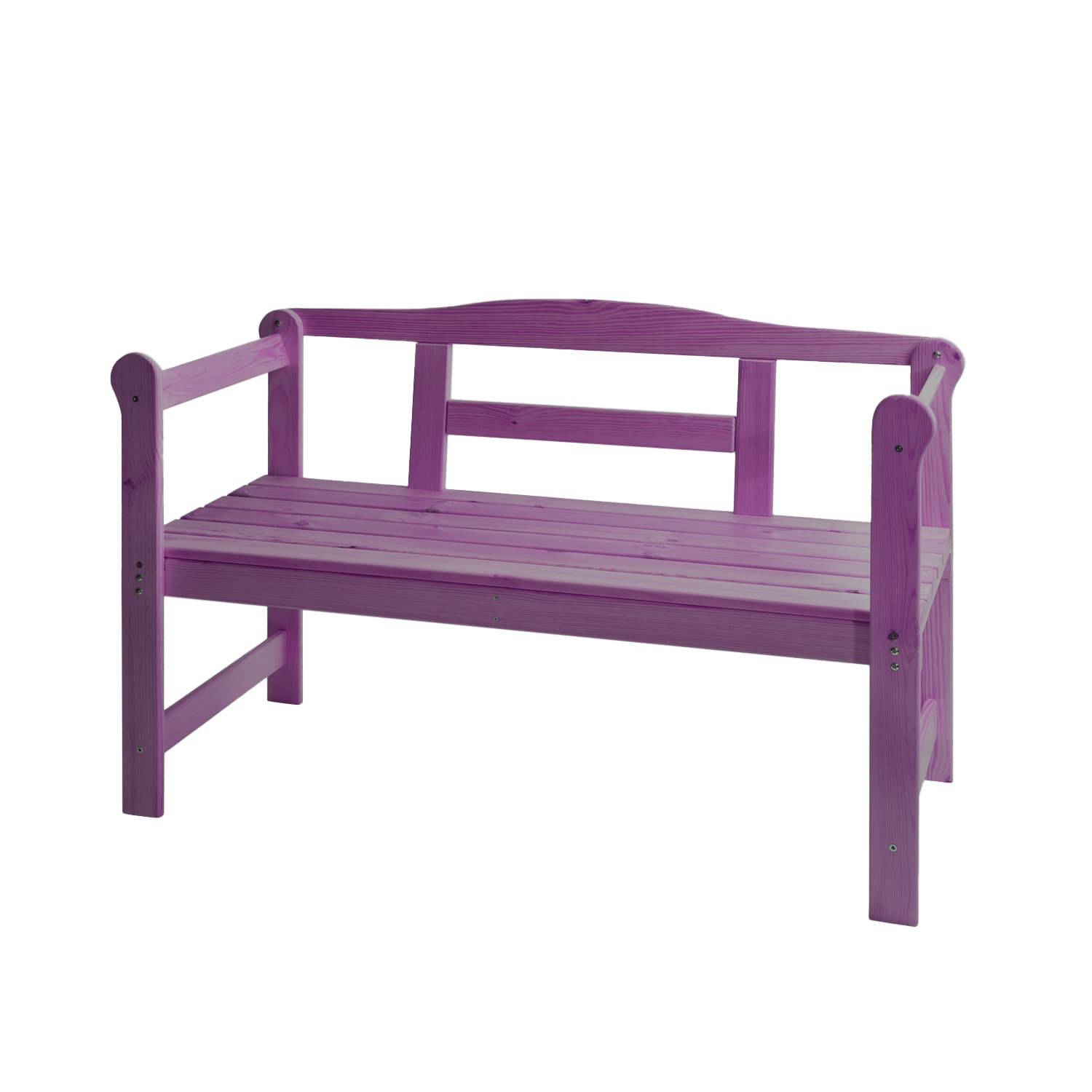 Naturbelassene Gartenbank aus massiver Kiefer – auf dem Foto farbig lackiert