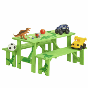 Grün lackiertes Kindertisch-Set aus massiver Kiefer mit zwei Bänken, FSC®-zertifiziert, Platz für bis zu 6 Kinder